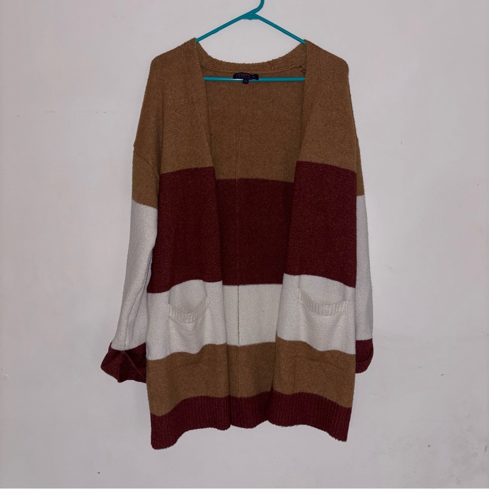 Joseph A Striped Open-Front Cardigan Sweater in Cream, Tan & Burgundy
